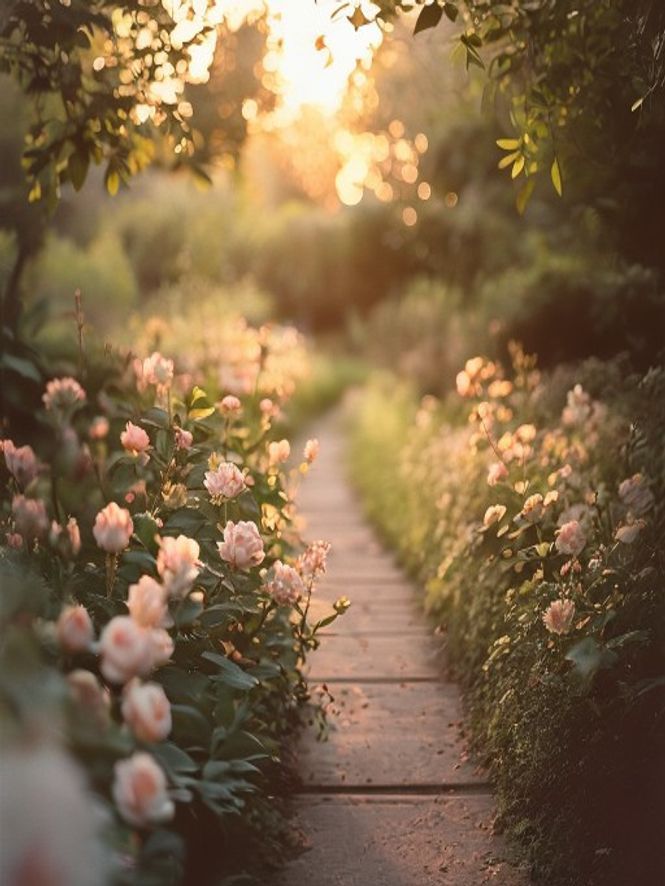 Warm golden-hour light on a peaceful garden with soft focus greenery